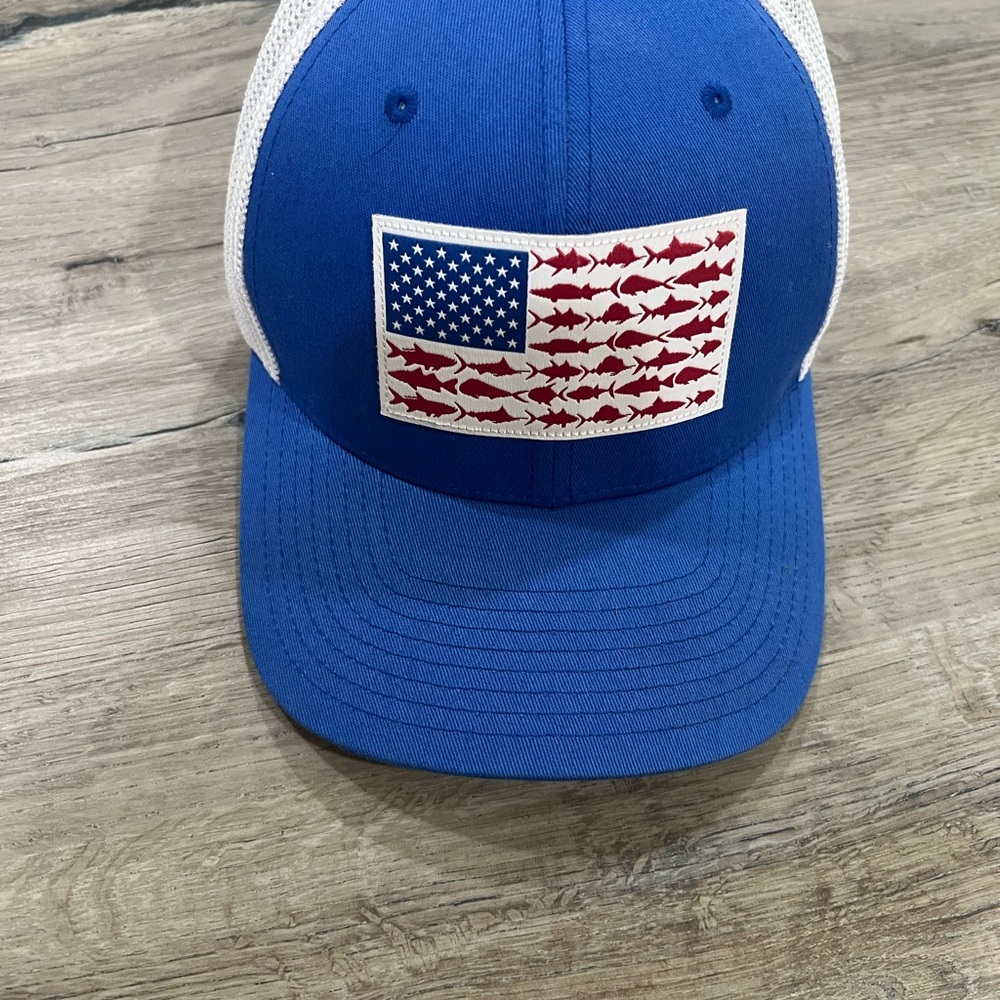 Blue and White Trucker Hat with Flag Design
